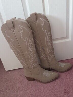 Taupe Western Knee-High Boots with White Stitching